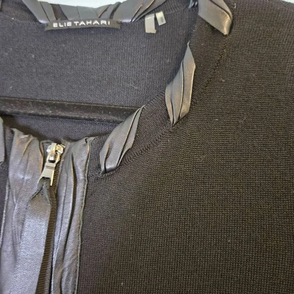Elie Tahari merino wool black cardigan with leather trim. S  #905